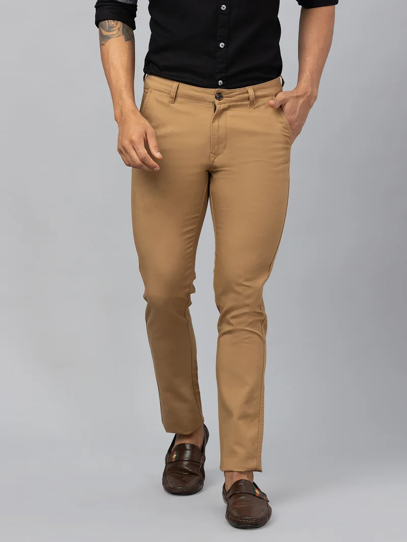 globus Globus Men Caramel Solid Cotton Casual Slim Fit Chinos